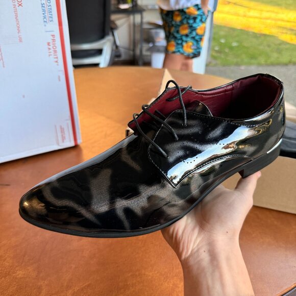 Santimon Men's US 9.5 - 12 Black Patent Leather Lace Up Derby Pointed Toe Shoes - Picture 4 of 10